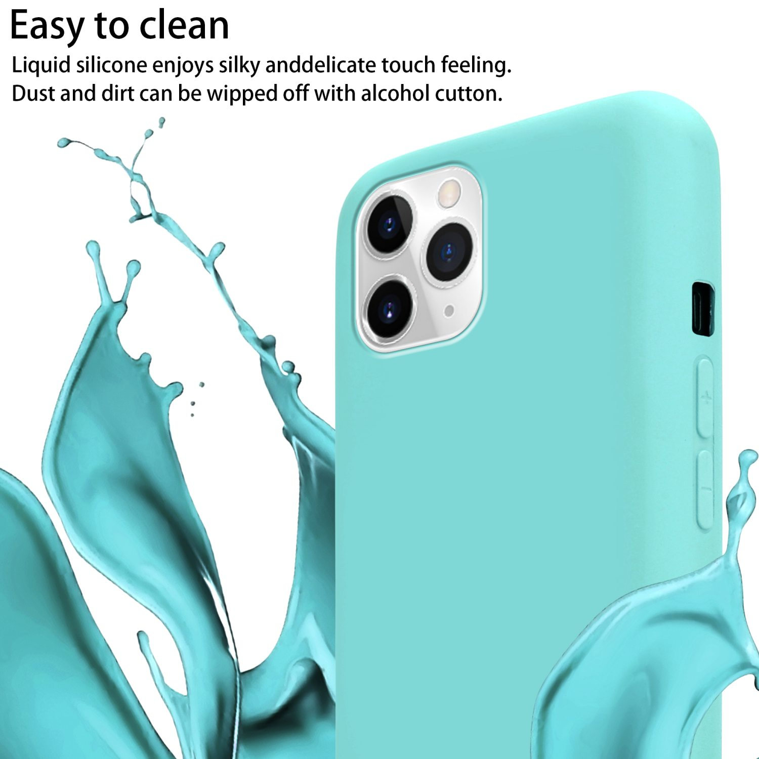 Eine türkisfarbene Handyhülle mit Wasserspritzeffekt. Sie hat einen Kameraausschnitt und Lautstärketasten.