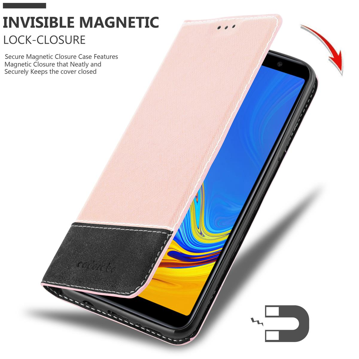 Custodia rosa che si apre per rivelare il telefono. Mostra chiusura magnetica.