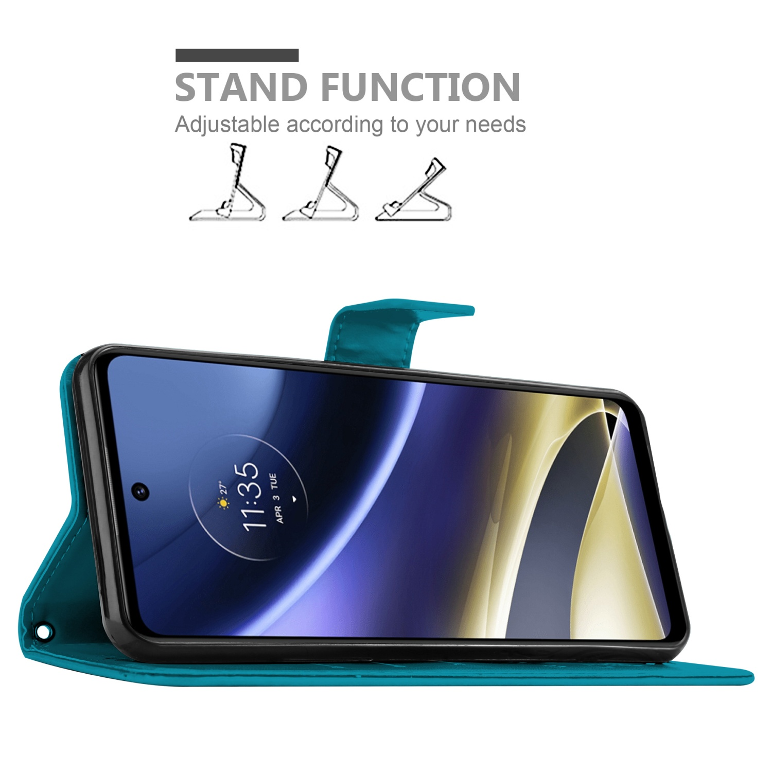 Custodia teal aperta, mostra lo schermo del telefono. Il telefono mostra l'ora. Funzione supporto.