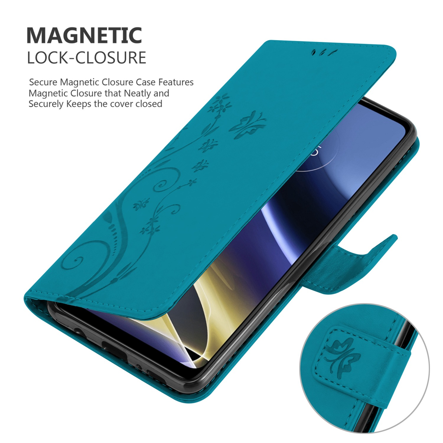 Custodia turchese aperta, design floreale, chiusura magnetica, telefono dentro.