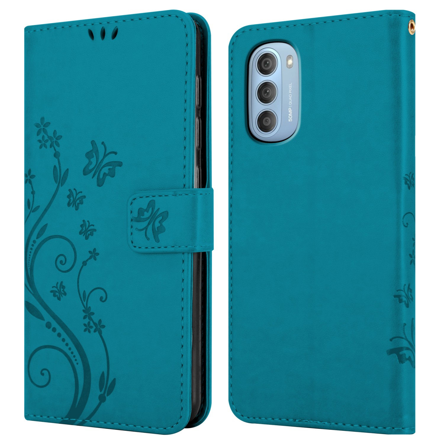 Custodia per telefono turchese, design floreale in rilievo, dettagli farfalla e chiusura magnetica.