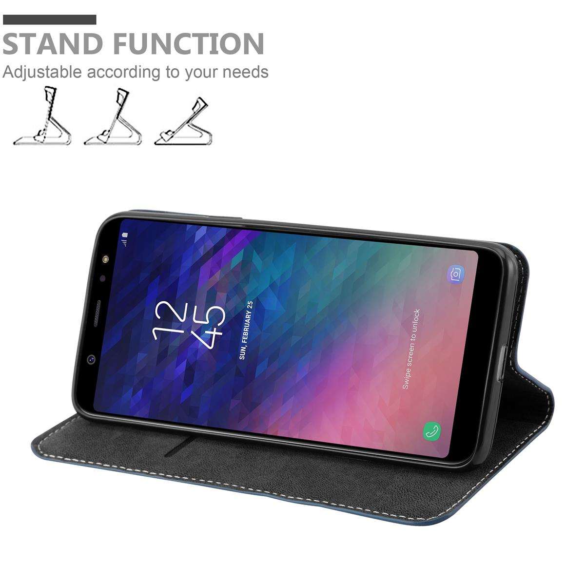 Custodia per telefono blu aperta, con telefono. Orologio sullo schermo, funzione supporto.