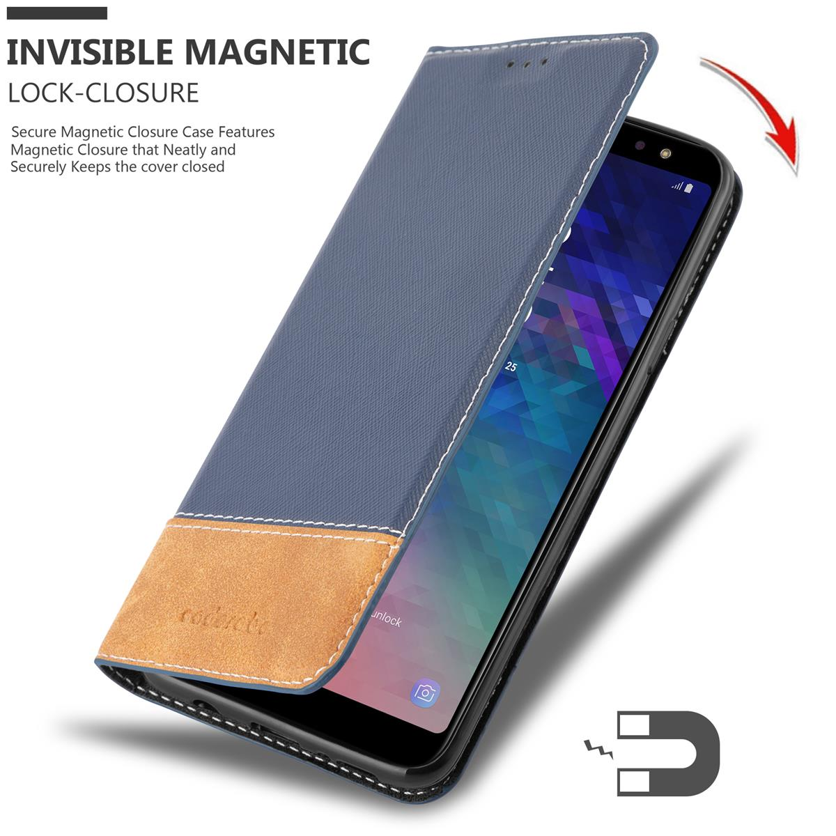 Custodia blu per telefono con sezione inferiore marrone. Il telefono è dentro, la cover è aperta. Testo sulla chiusura magnetica.