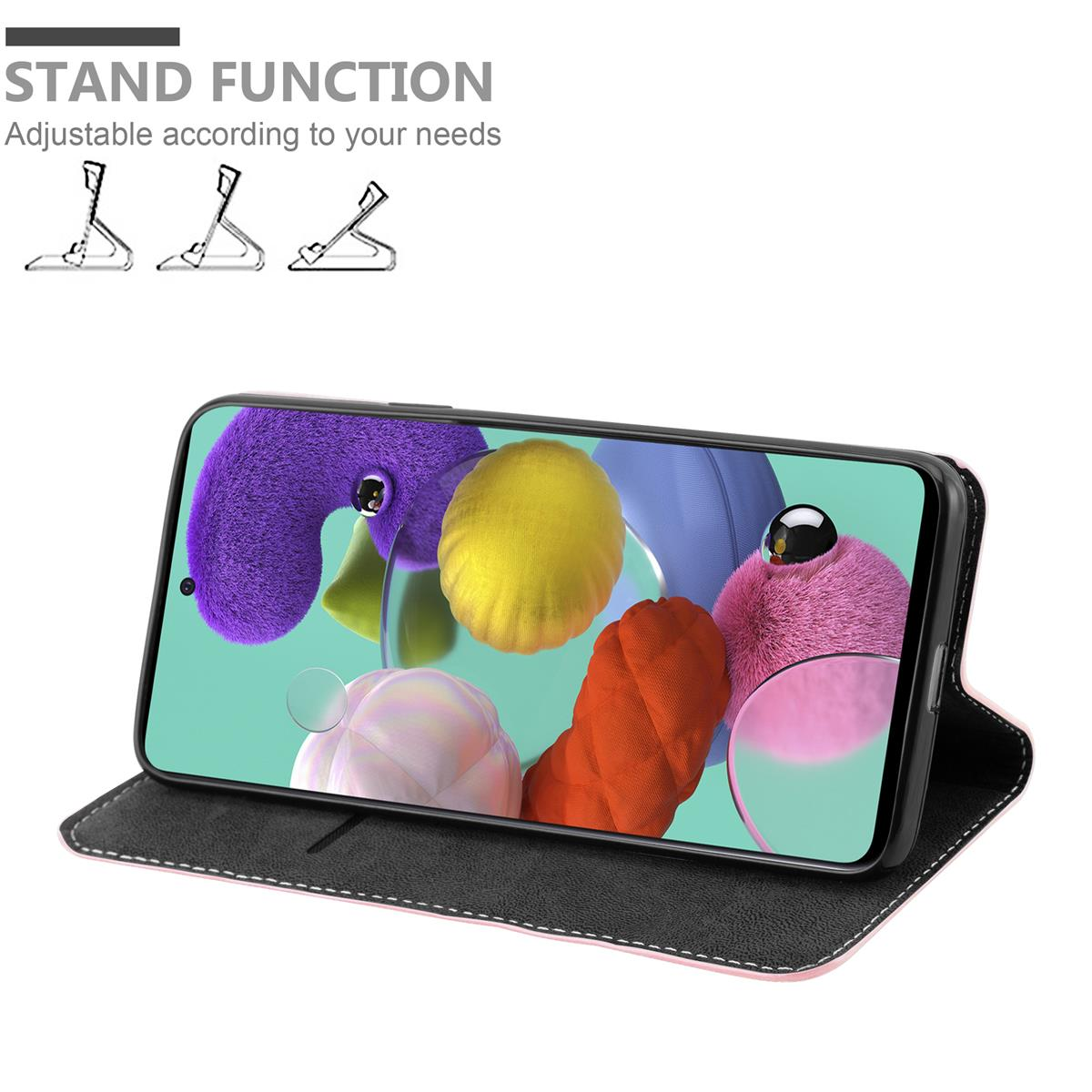Custodia per telefono con funzione stand che mostra lo schermo del telefono con oggetti.