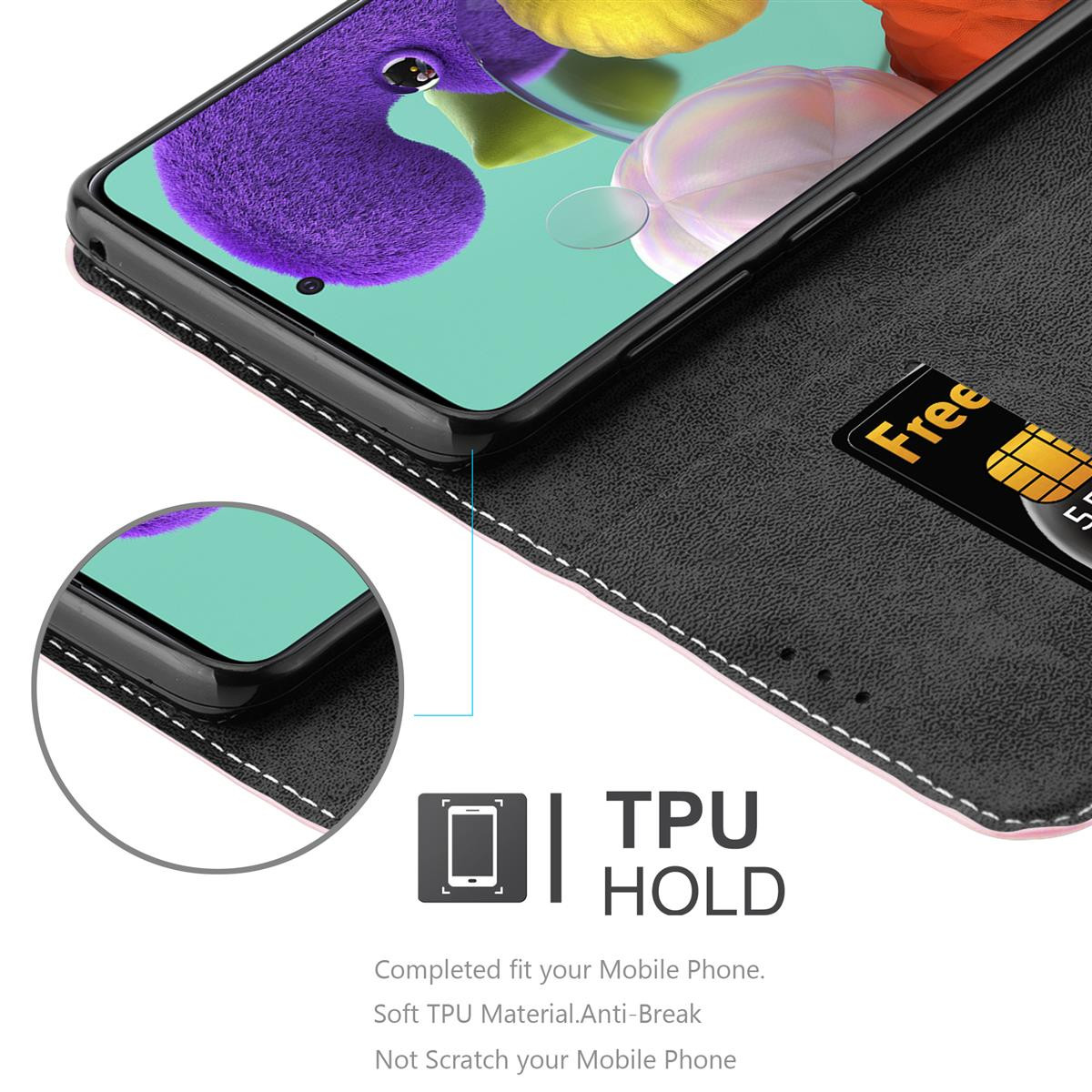 Telefono in custodia nera, carta di credito visibile. Cuciture bianche, con logo TPU HOLD.