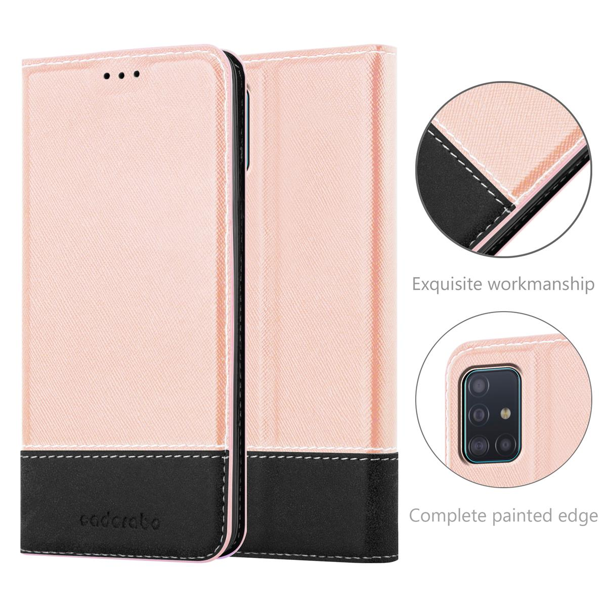 Custodia per telefono rosa e nera, chiusa. Testo: Lavorazione squisita, Bordo verniciato completo.