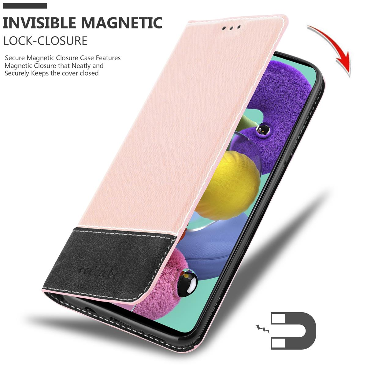 Custodia rosa e nera, aperta, che mostra un telefono. Testo: Magnetico invisibile. Sfondo bianco.