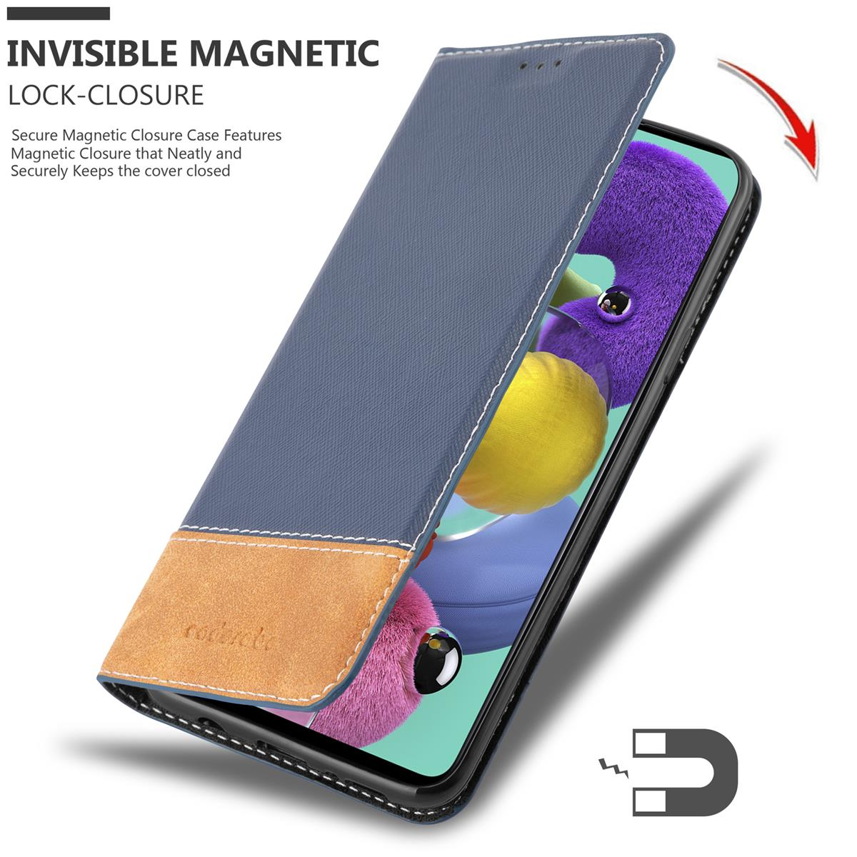 Una custodia per telefono blu con un accento marrone, che mostra una chiusura magnetica invisibile.