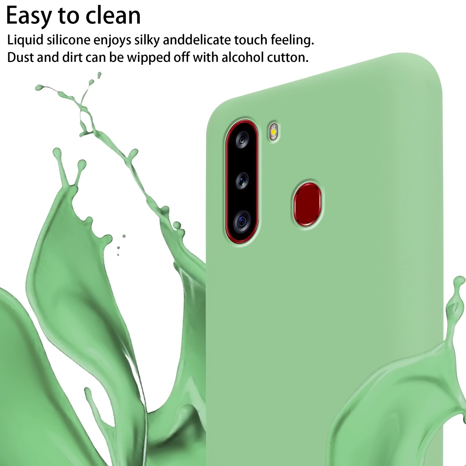 Custodia verde per telefono con tre lenti e pulsante rosso, schizzo di liquido verde.