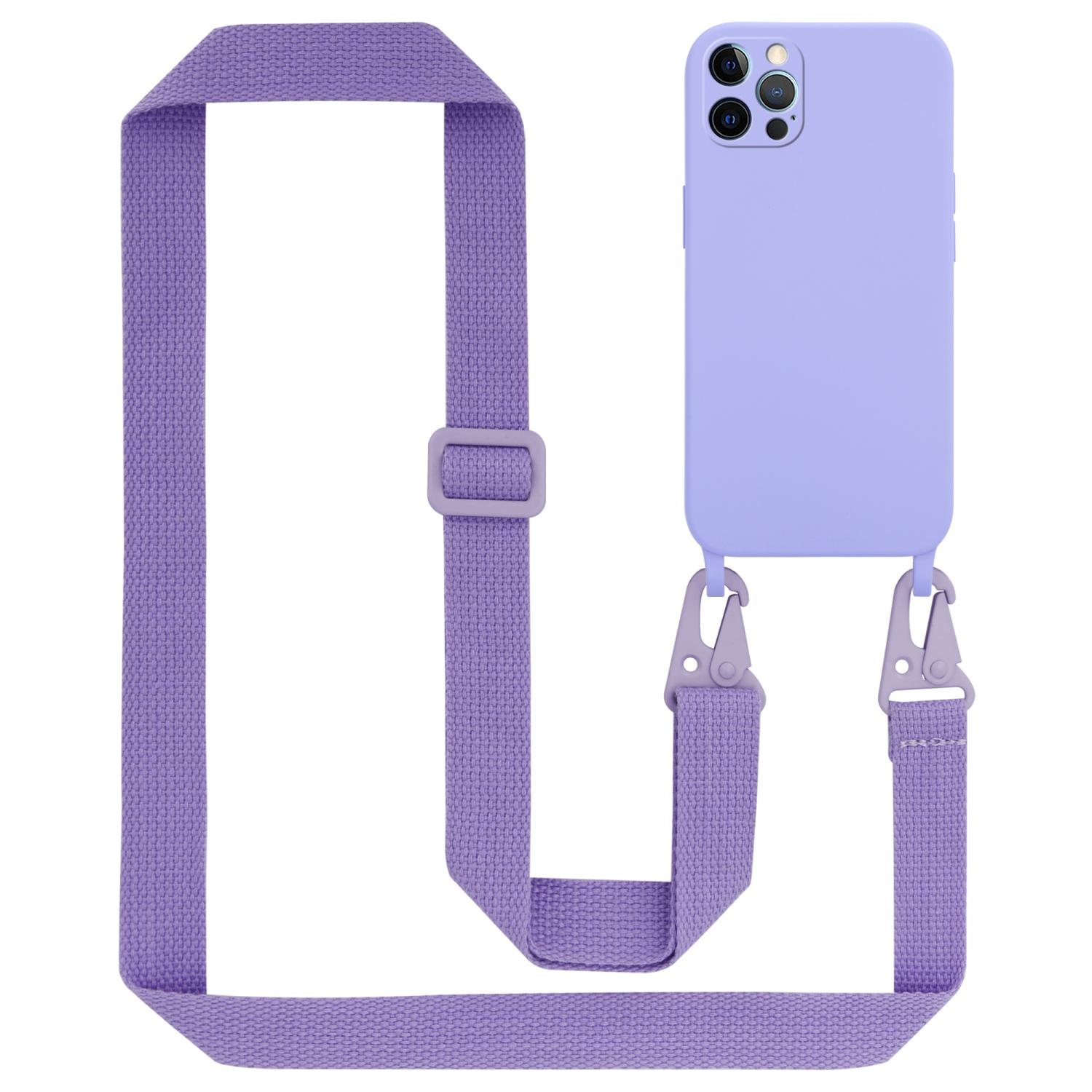 Custodia per telefono lilla con cinturino attaccato. La custodia ha un telefono con lenti della fotocamera.