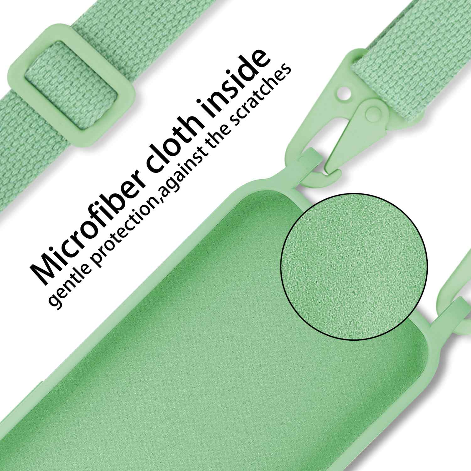 Una custodia verde per telefono con cinturino e fibbia. Viene mostrato un primo piano della trama della custodia.