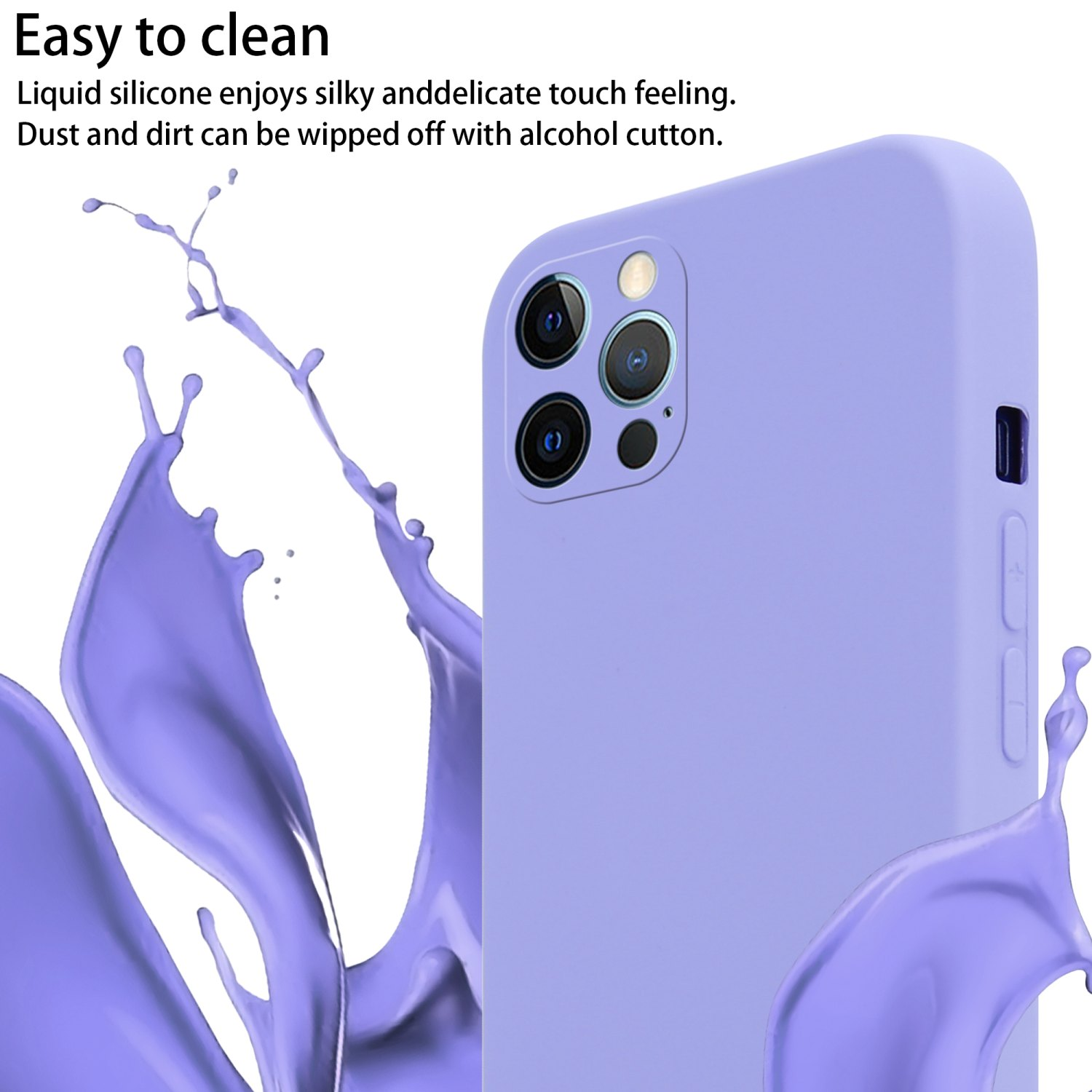 Custodia lilla per telefono con schizzi di vernice e la scritta "Easy to clean". Il telefono ha fotocamera e tasti.