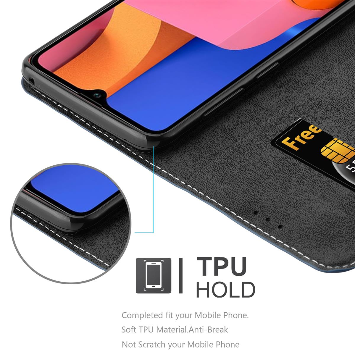 Custodia nera aperta, che mostra telefono e fessura per carte con carta. Testo 'TPU HOLD'.