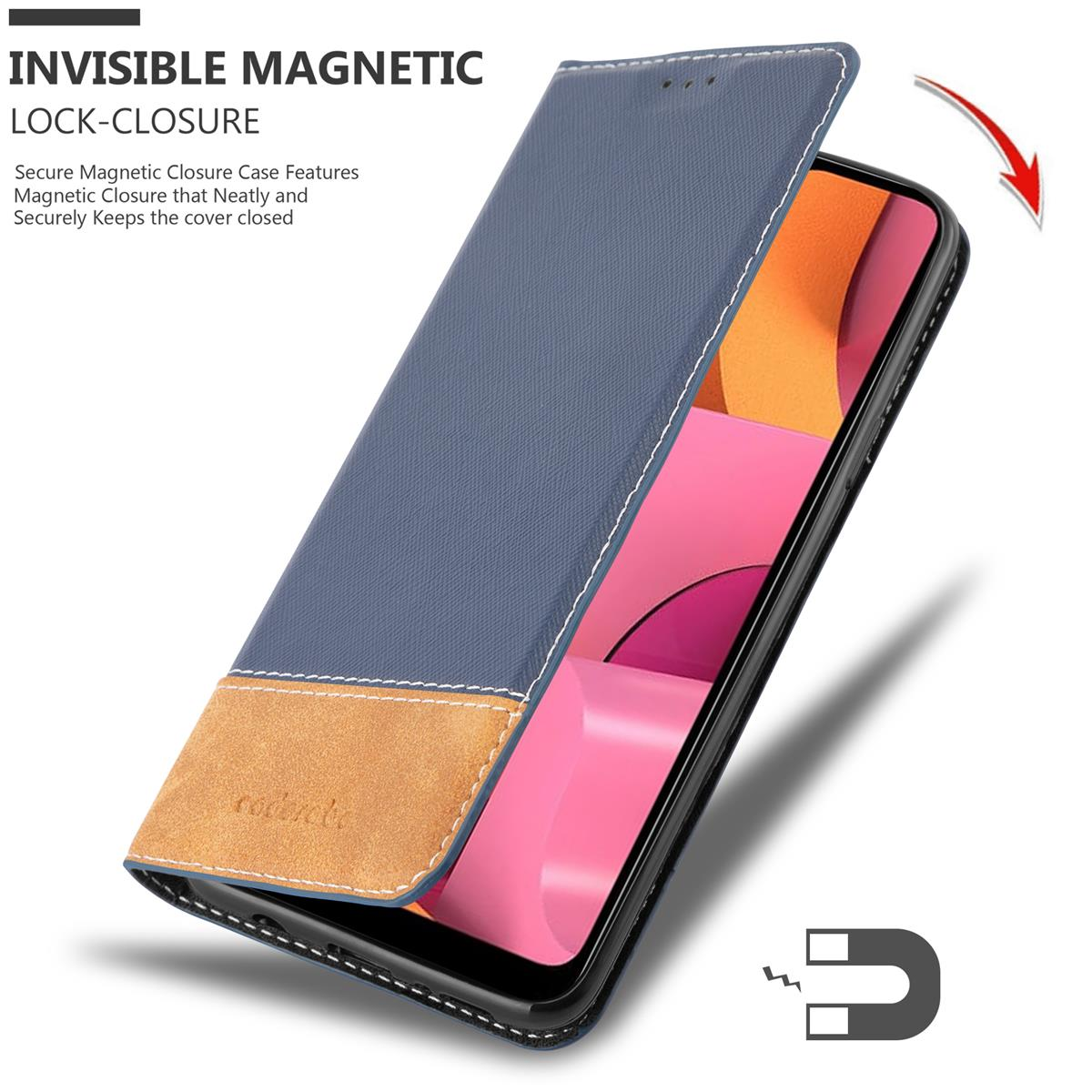 Una custodia blu per telefono con chiusura magnetica. La custodia è aperta che mostra il telefono con schermo rosa.