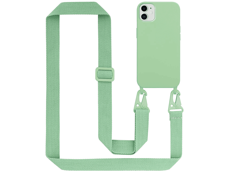 CADORABO Handy Kette Silikon Schutzhülle mit längen verstellbaren Kordel Band, Backcover, Apple, iPhone 11, LIQUID HELL GRÜN