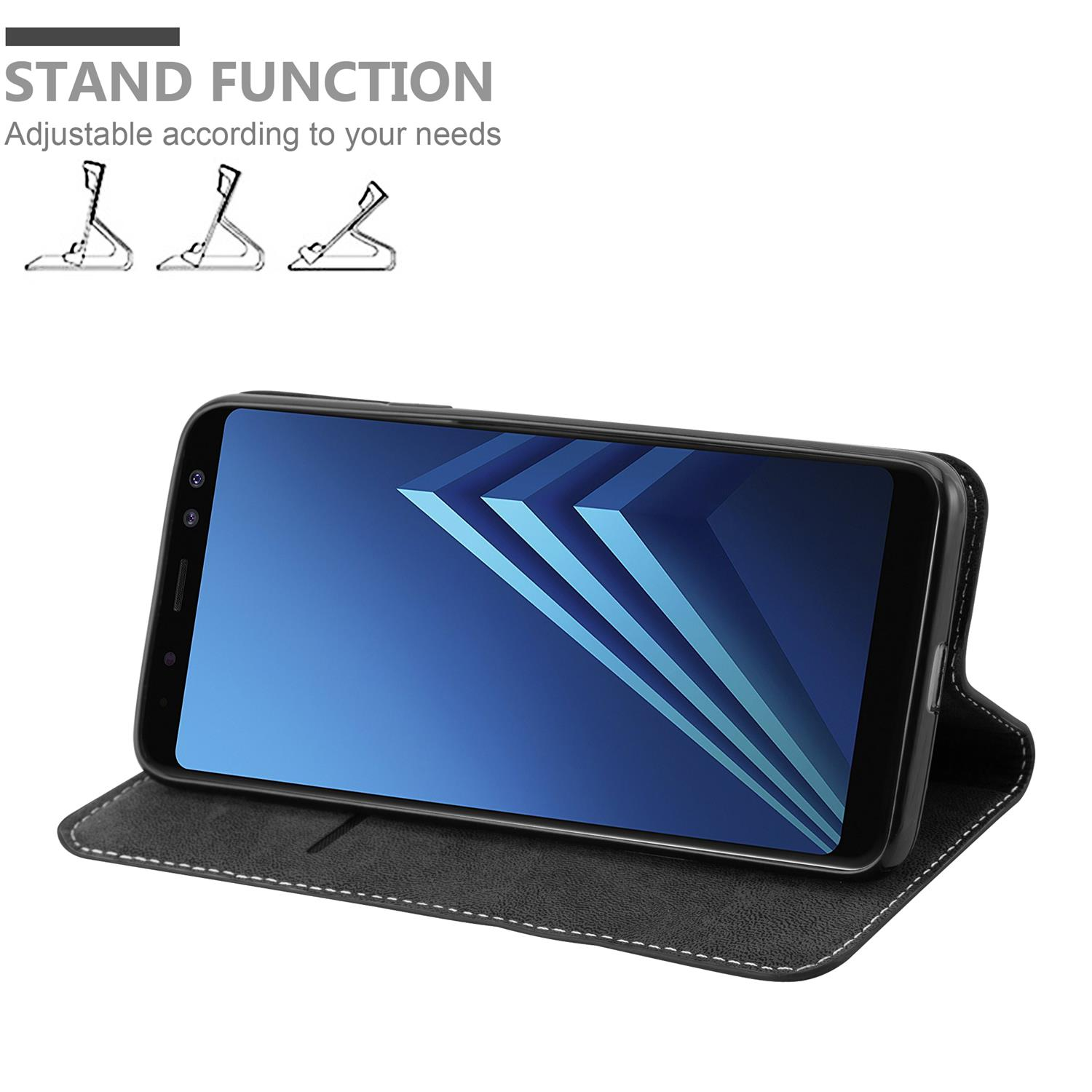 Telefono nero in custodia nera con funzione stand. Sfondo bianco con diagrammi.