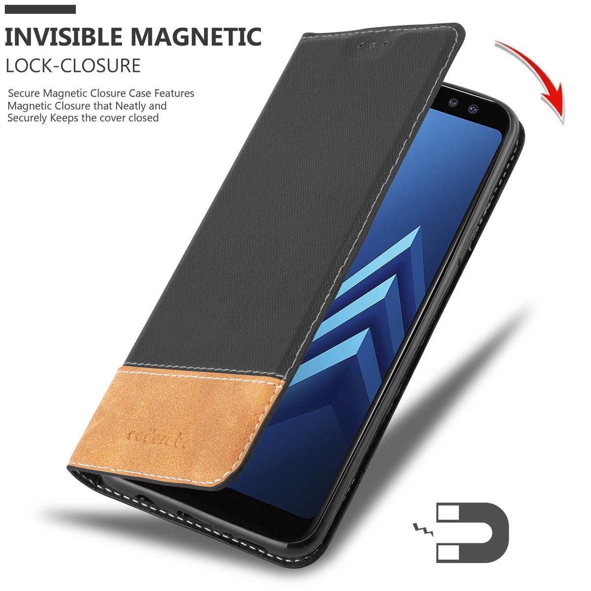 Custodia del telefono aperta, con telefono dentro. Colore nero e beige. Chiusura magnetica mostrata.