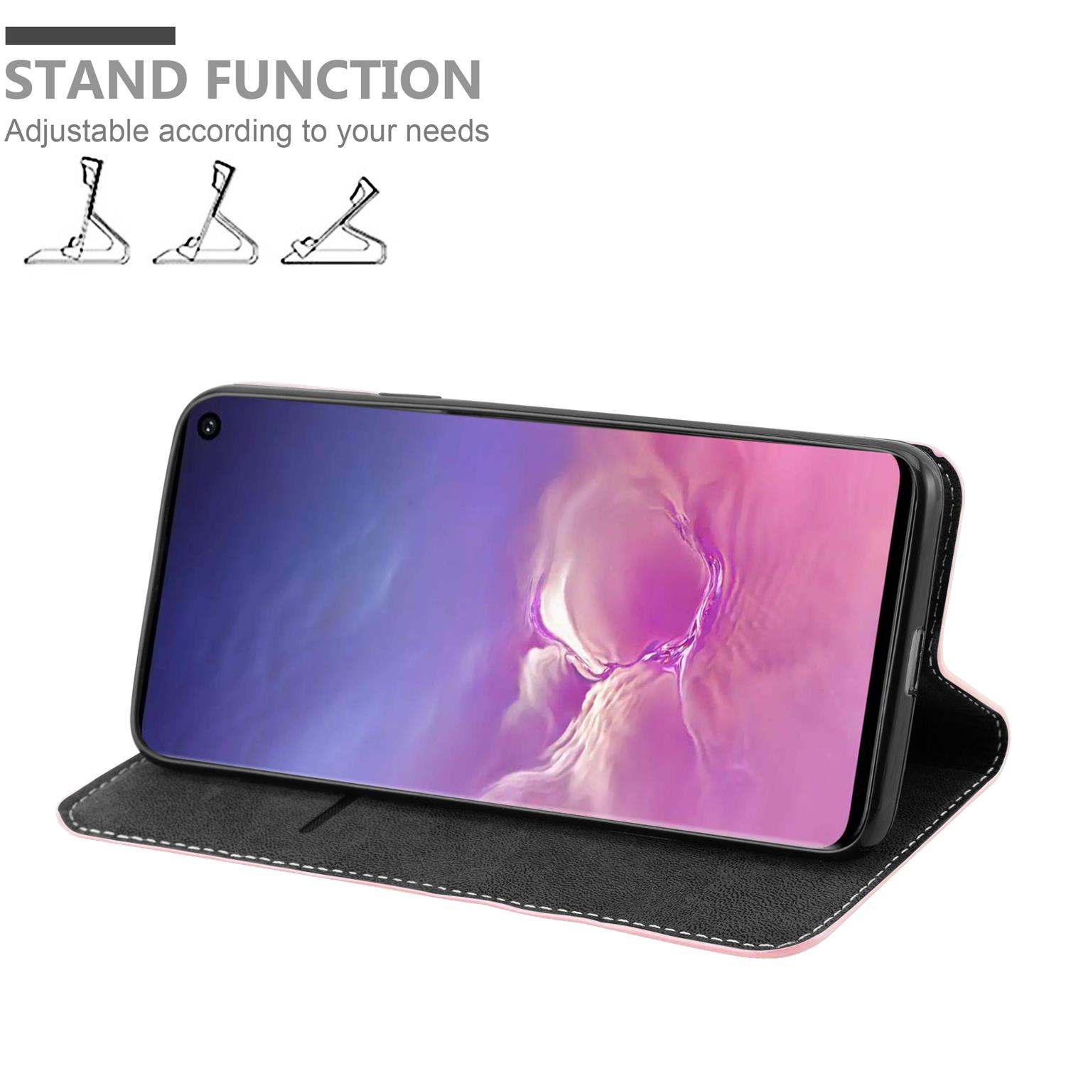 Telefono all'interno di una custodia, aperto. Testo: Funzione stand, regolabile in base alle tue esigenze.