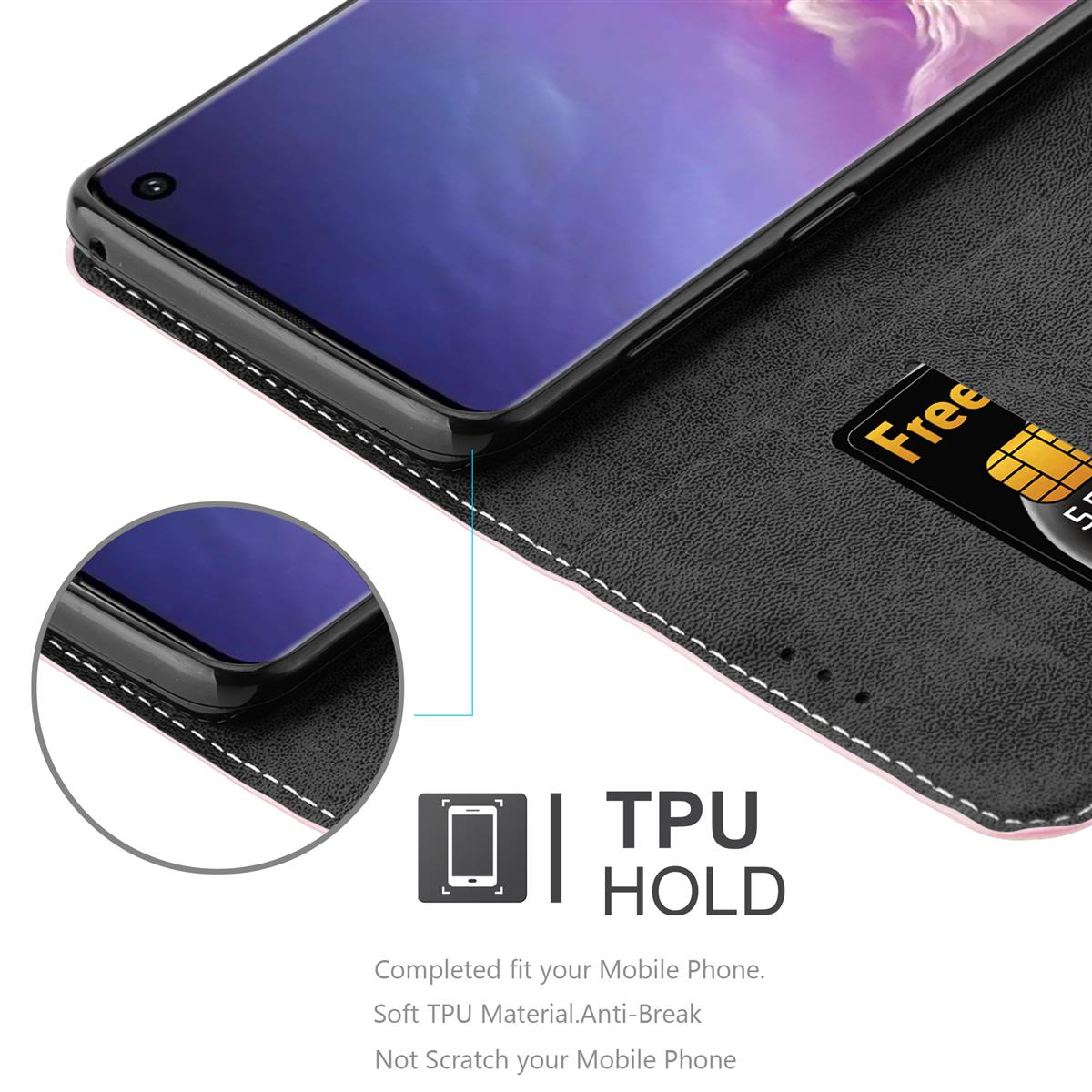 Telefono nero con carta nell'alloggiamento. Telefono all'interno di una custodia rosa. Custodia aperta. TPU HOLD mostrato.