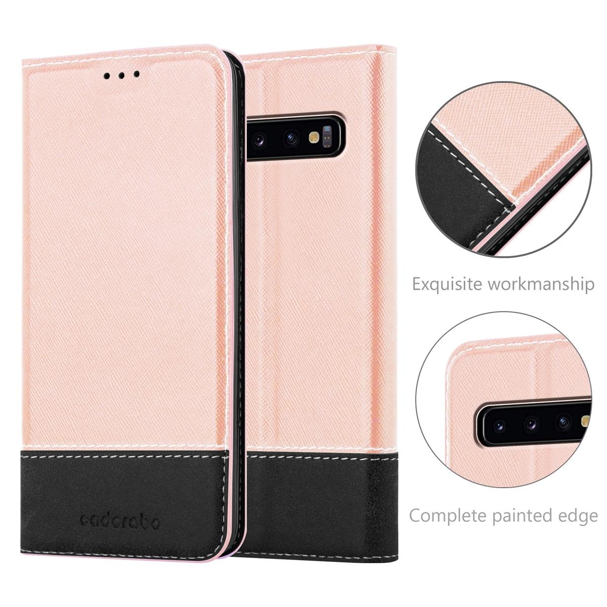 Una custodia per telefono rosa e nera è mostrata aperta, con un telefono all'interno. Ci sono primi piani della custodia.