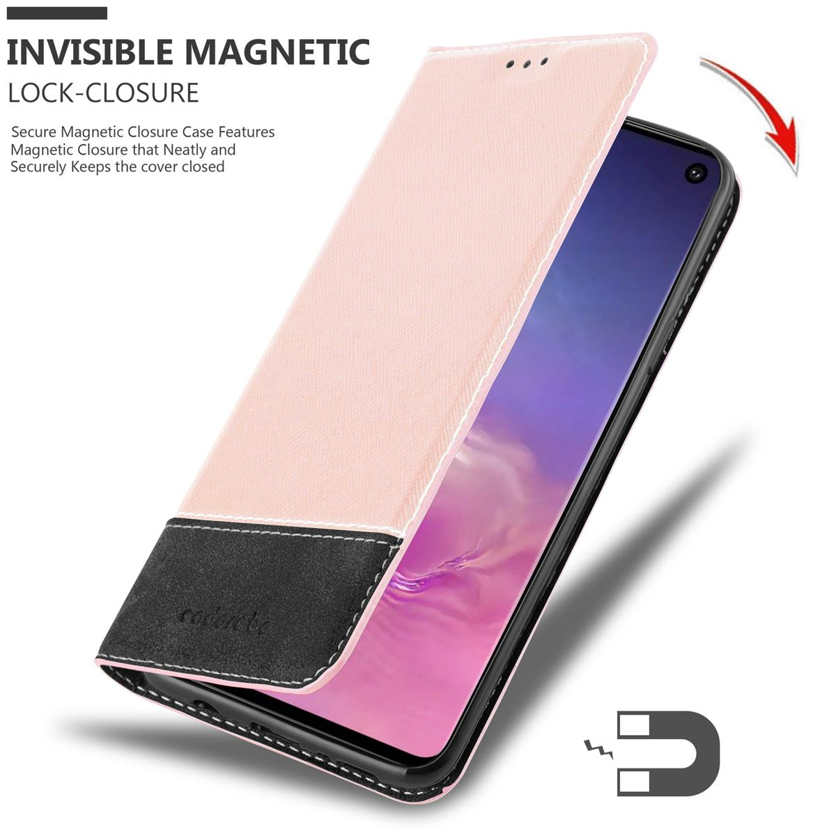 Custodia rosa con dettaglio nero aperta, che mostra un telefono. Testo 'Invisible Magnetic Lock-closure'.