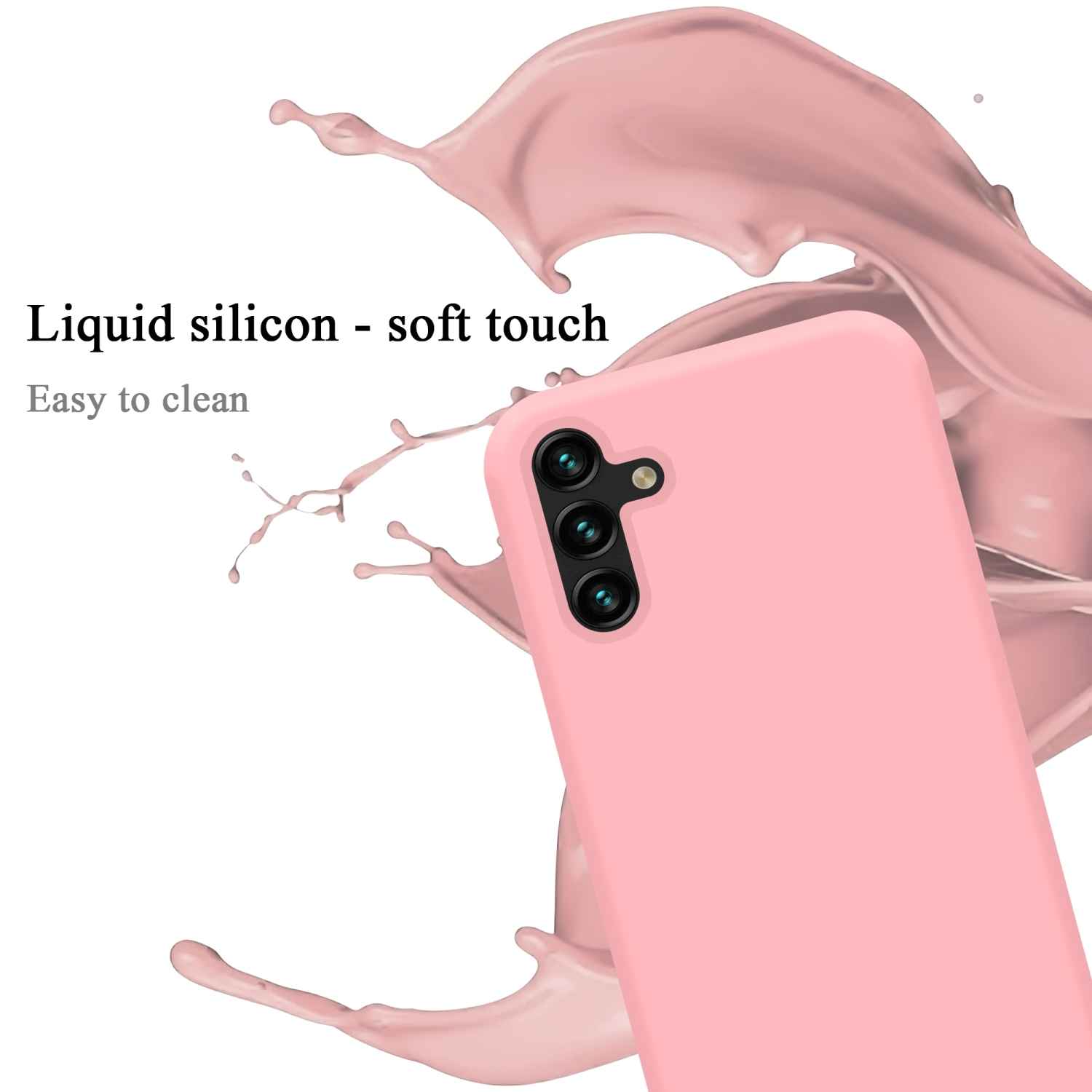 Rosa Handyhülle mit drei Kameras. Rosa Flüssigkeitsspritzer im Hintergrund. Text: Flüssiges Silikon - Soft-Touch.