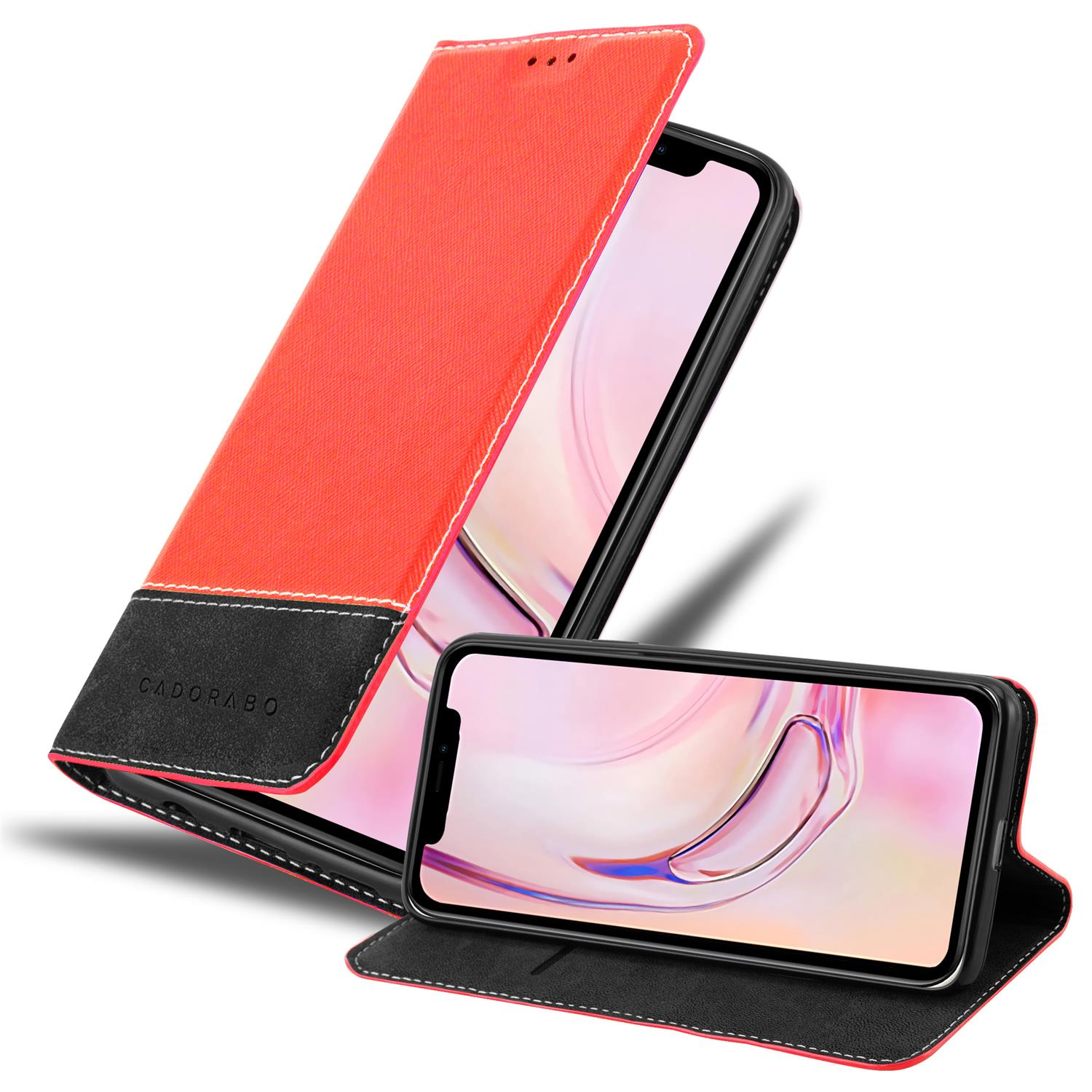 Rote und schwarze Handyhülle mit einem Telefon darin.