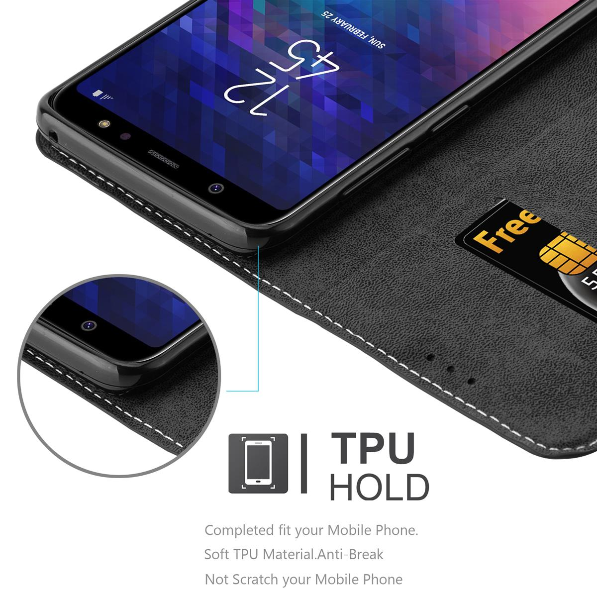 Custodia per telefono nera con telefono, fessura per carta di credito. Primo piano di telefono e carta. Il telefono è nero.