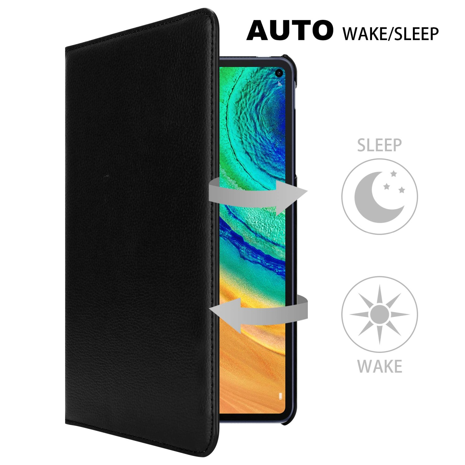 Custodia per telefono nera, aperta, che mostra un telefono. La custodia ha la funzione di accensione/spegnimento automatica con simboli di luna e sole.