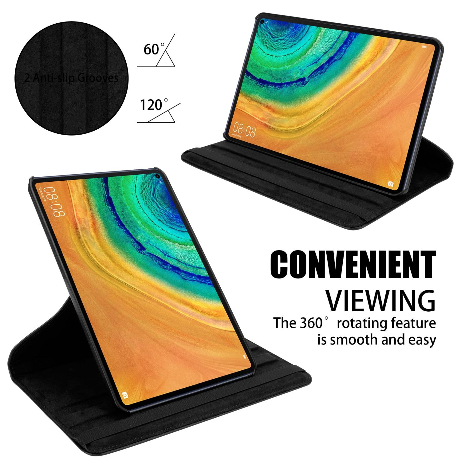Due tablet in custodie nere; uno aperto, uno chiuso. Il testo in alto dice "Convenient Viewing".