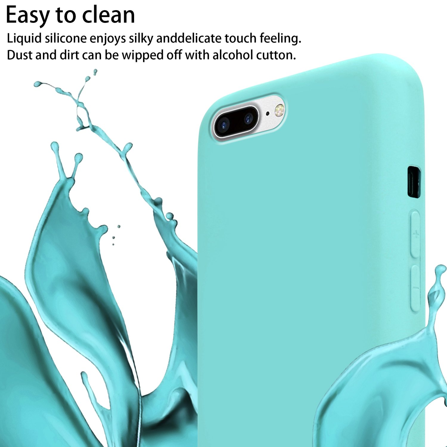 Una custodia turchese con effetti di spruzzi d'acqua. La custodia ha una fotocamera e pulsanti.