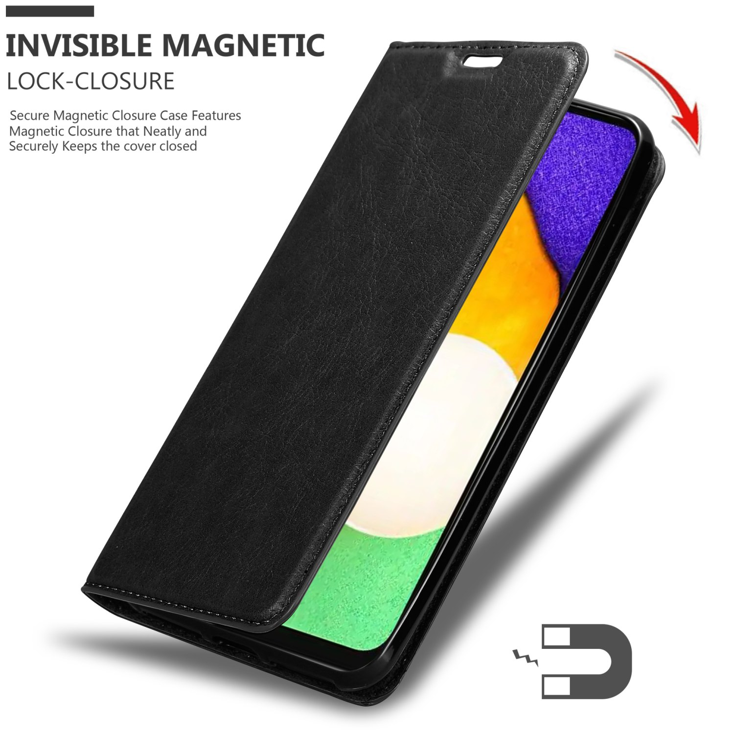 Custodia per telefono nera aperta, che mostra il telefono. Testo: Chiusura magnetica invisibile.