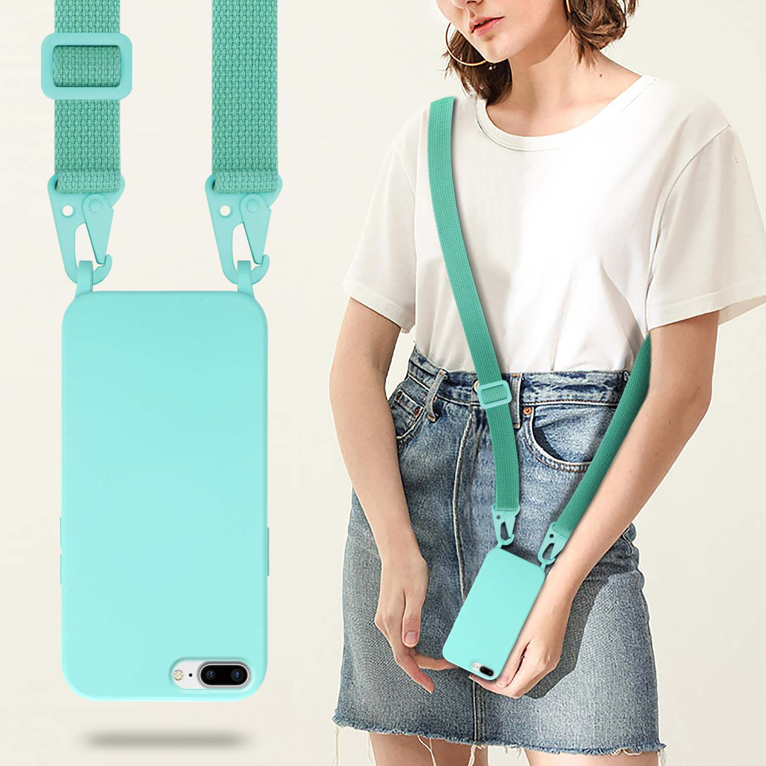 Donna con custodia per telefono azzurra con cinturino.