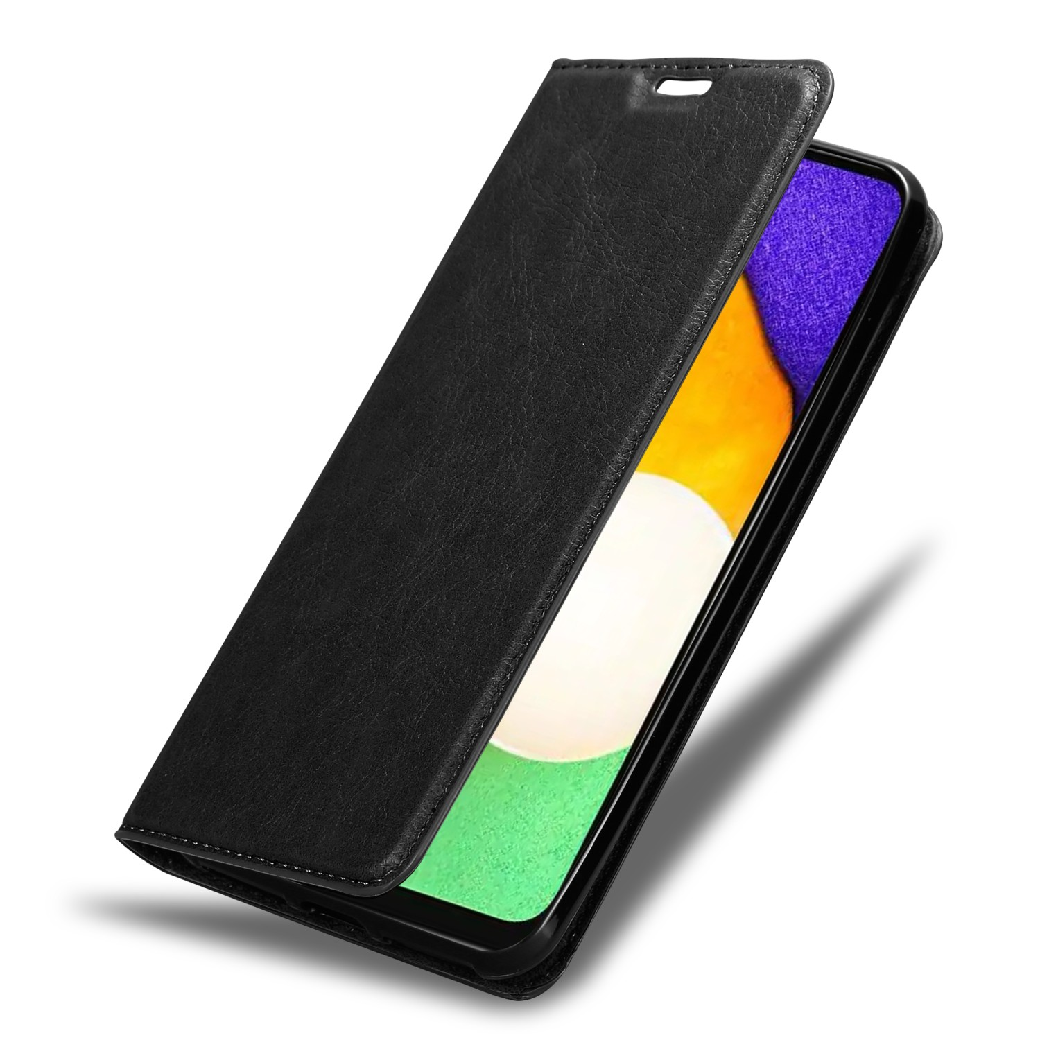 Custodia per telefono nera, aperta, con un telefono all'interno. La custodia sembra essere in pelle.