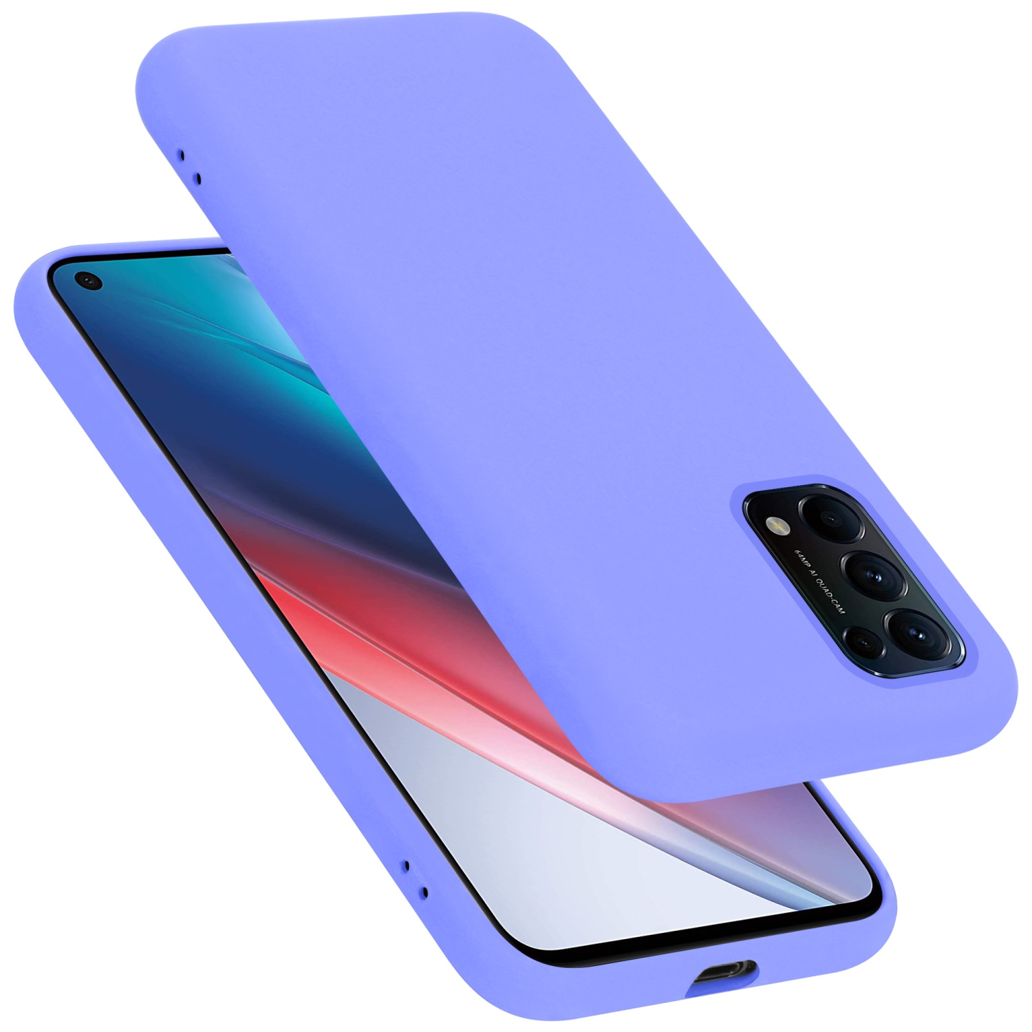 Lila Handyhülle mit Telefon darin, auf weißem Hintergrund.