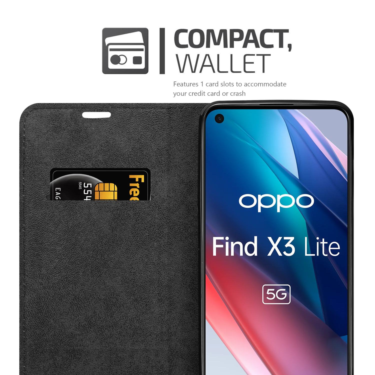 Custodia per telefono nera con fessure per carte e un telefono con Oppo Find X3 Lite sullo schermo, su sfondo bianco.