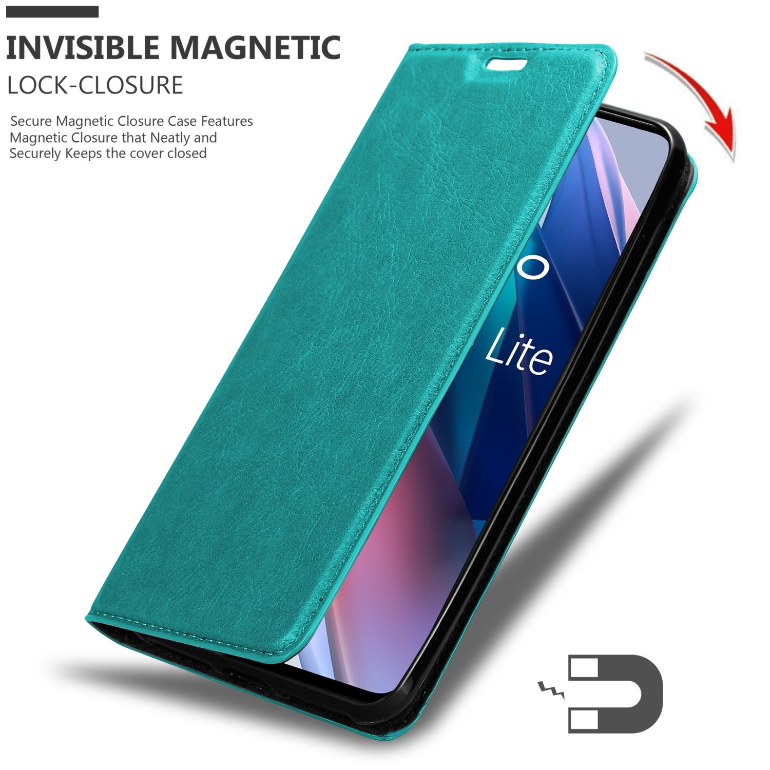 Custodia turchese aperta, rivela telefono. Testo: 'Invisible Magnetic Lock-closure'.