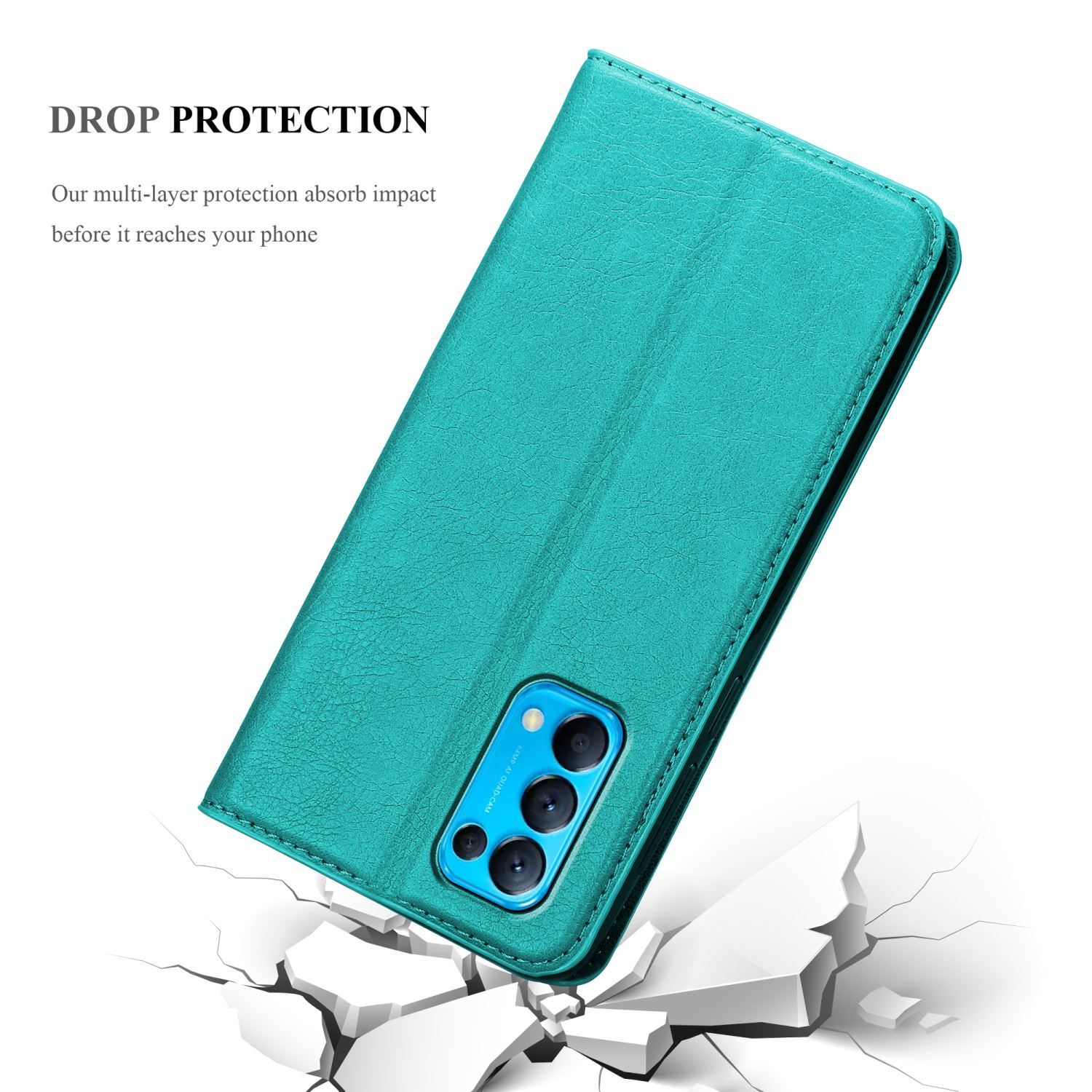 Una custodia per telefono verde acqua chiusa, con un terreno incrinato sottostante. La custodia ha un ritaglio per la fotocamera.