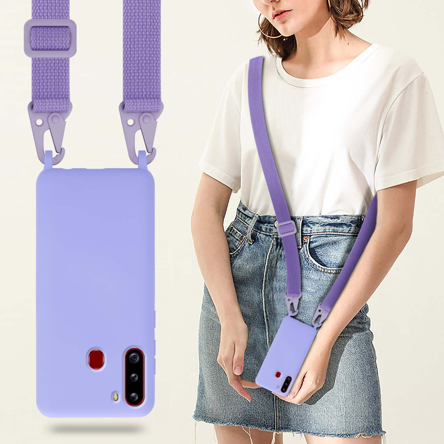 Donna con custodia per telefono lilla con cinturino. Custodia e cinturino lilla visibili.
