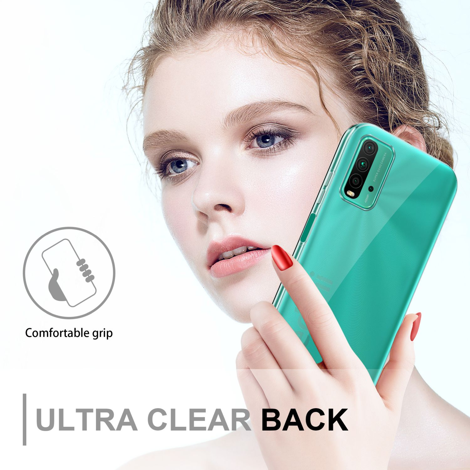 Donna con telefono verde. Testo: Retro ultra trasparente e presa comoda.