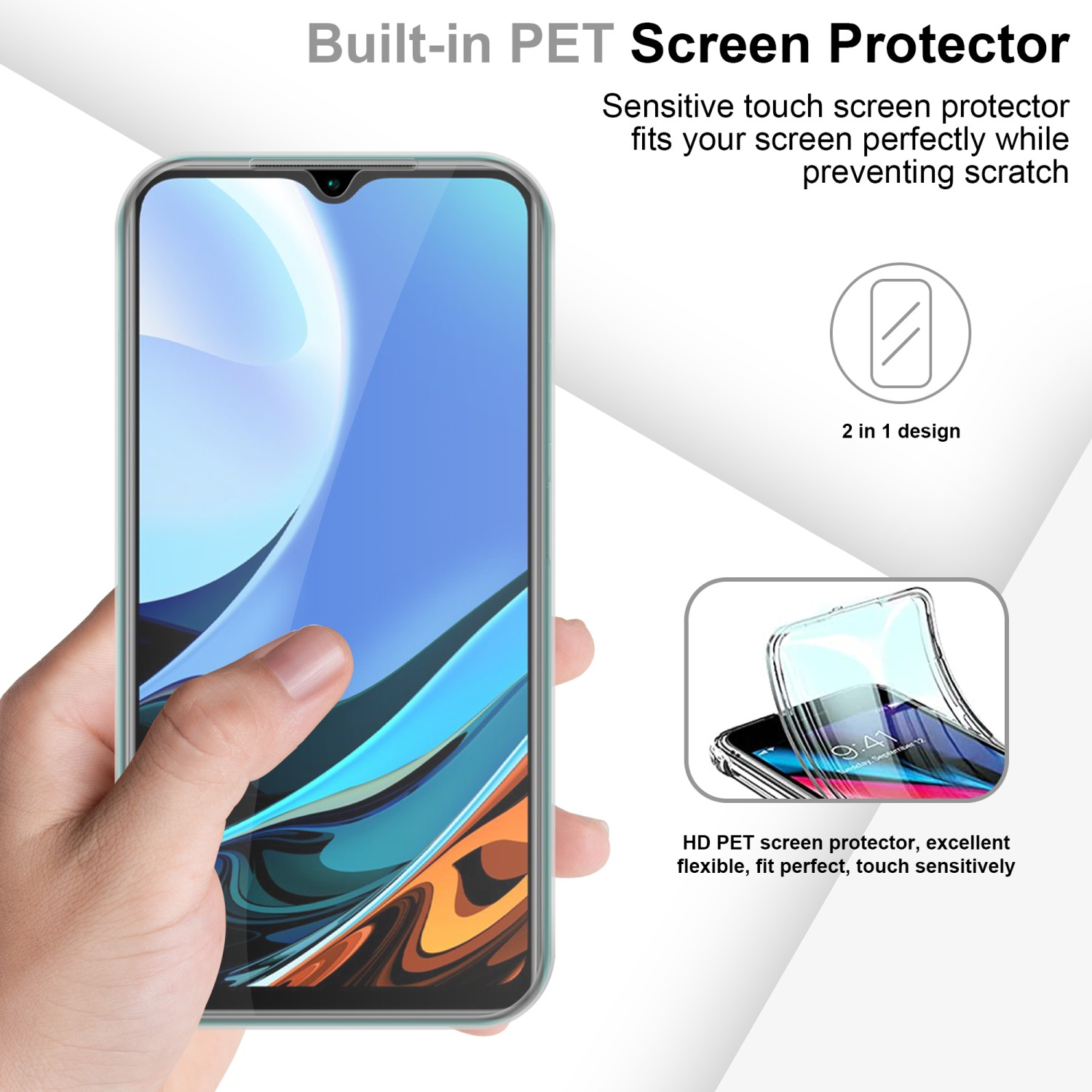 Mano che tiene il telefono nella custodia. La custodia è turchese, lo schermo del telefono è blu. Testo: Protezione schermo PET integrata.