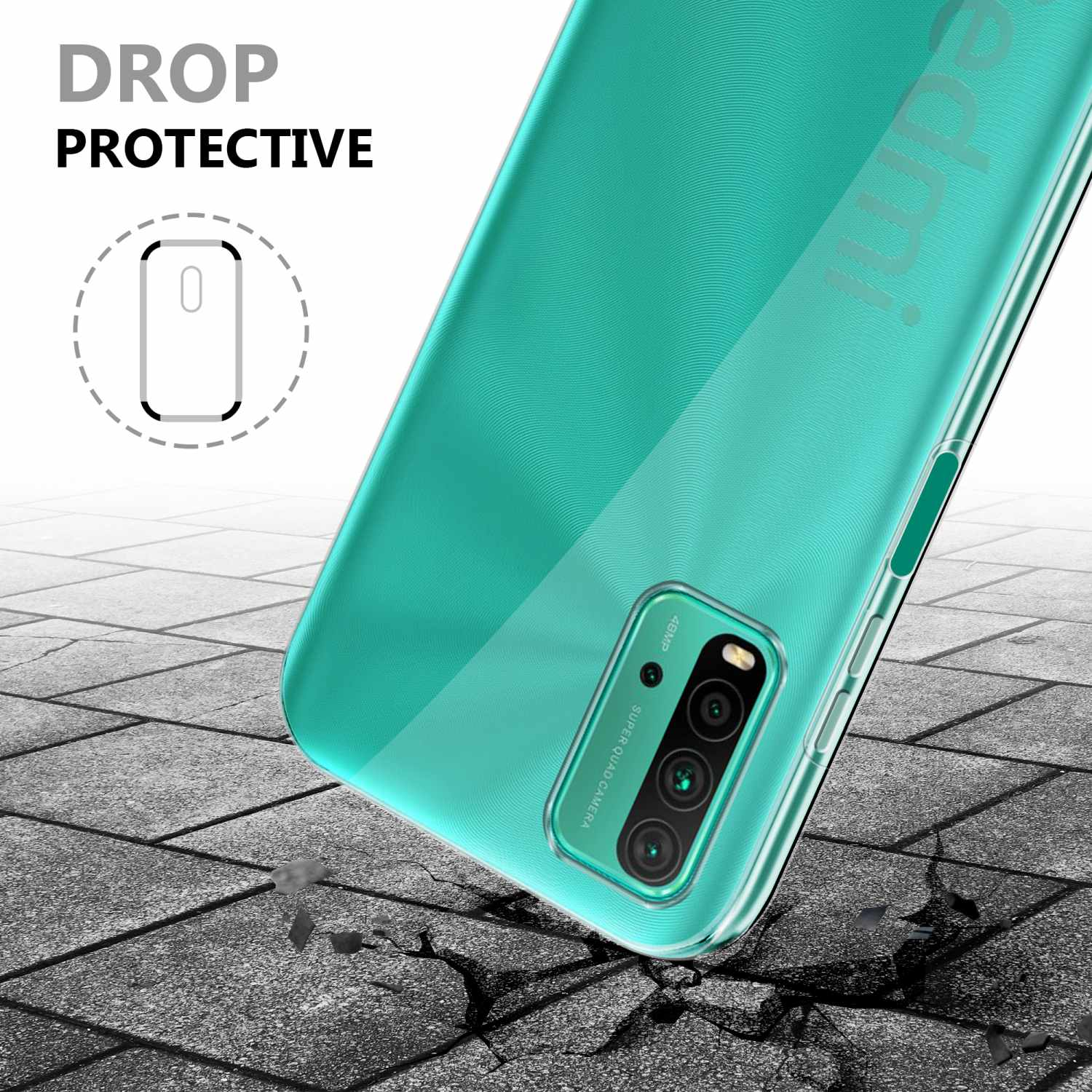 Custodia verde con telefono. Sfondo di mattoni grigi. Testo: Protezione dalle cadute.