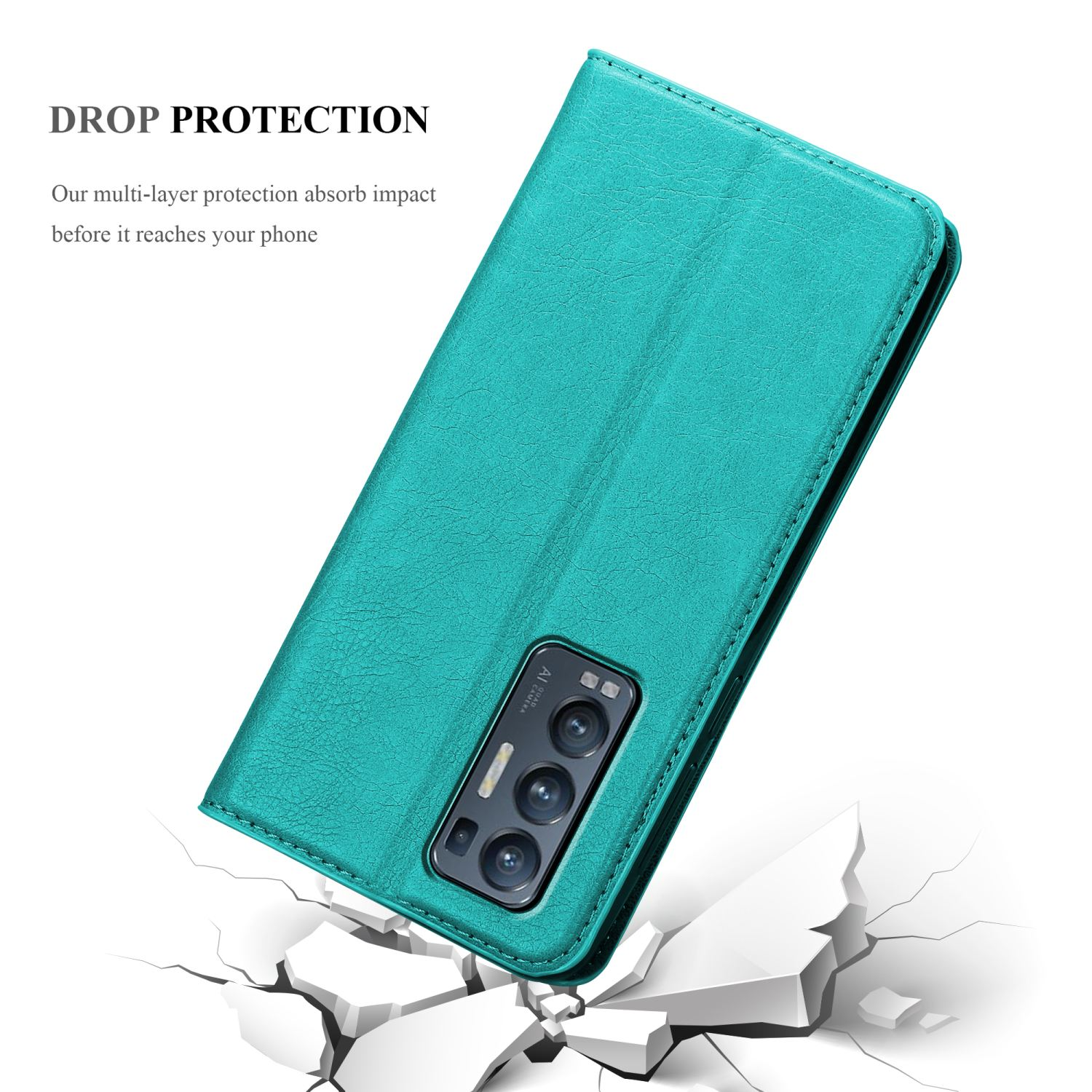 Una custodia per telefono verde acqua su sfondo bianco. La custodia è chiusa e ha un design di protezione dalle cadute.