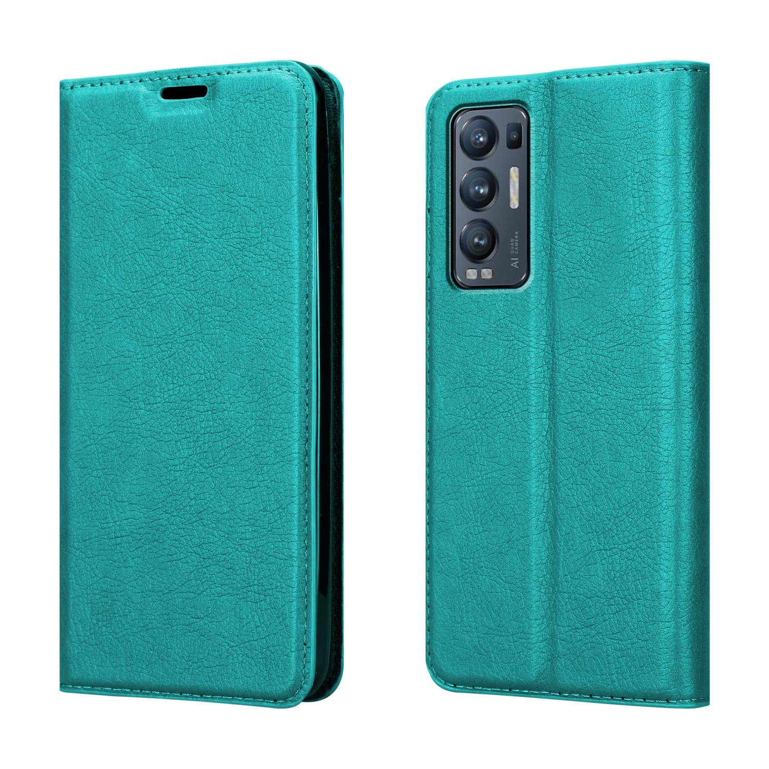 Custodia per telefono verde acqua, aperta che mostra il telefono all'interno con lenti della fotocamera.