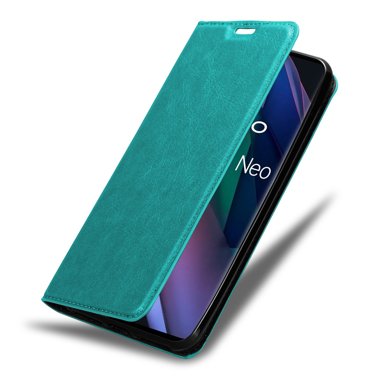 Custodia per telefono verde acqua aperta con telefono. Lo schermo del telefono è visibile. La custodia è aperta.