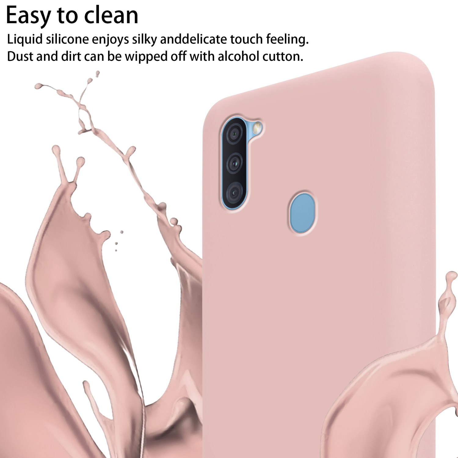 Una custodia rosa con fotocamera del telefono, con schizzi di liquido rosa, è facile da pulire.