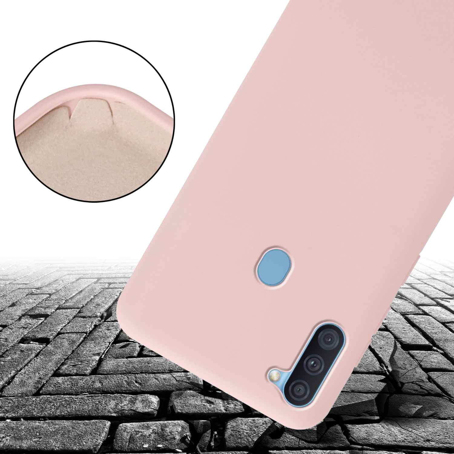 Custodia per telefono rosa con un telefono all'interno. La custodia è mostrata su una superficie strutturata. La fotocamera è visibile.