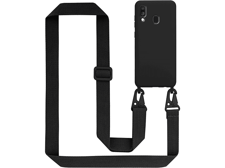 CADORABO Handy Kette Silikon Schutzhülle mit längen verstellbaren Kordel Band, Backcover, Samsung, Galaxy A40, LIQUID SCHWARZ