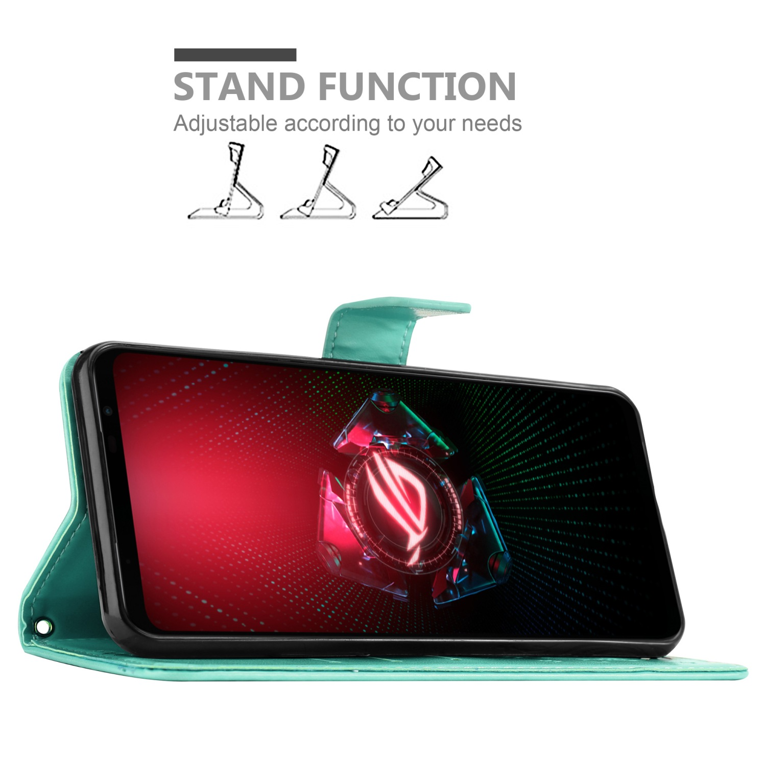 Custodia per telefono turchese con funzione stand. Telefono con design rosso sullo schermo. Testo: Funzione stand, regolabile.