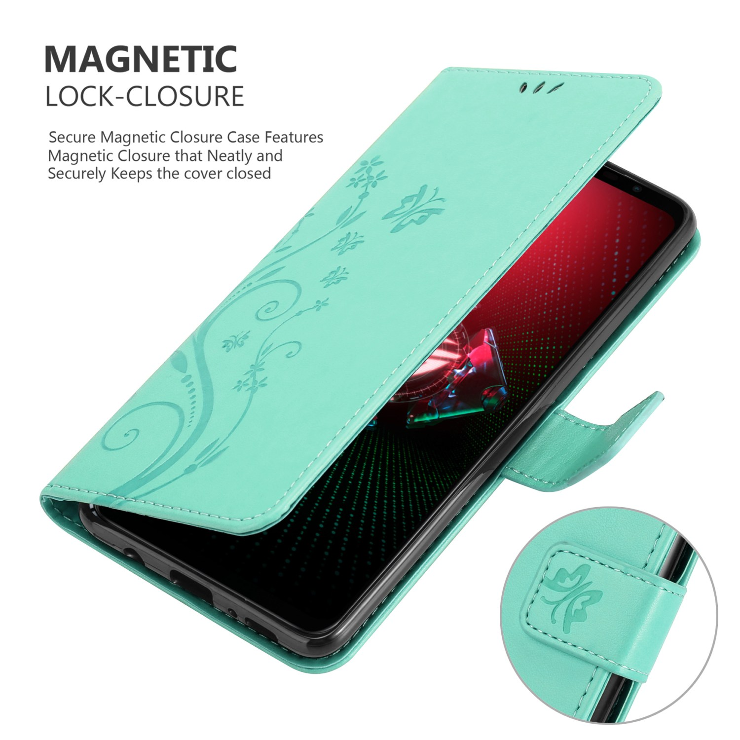 Custodia verde menta aperta, che mostra il telefono. Testo chiusura magnetica. Design floreale.